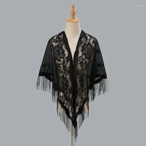 Lenços de moda bordada com borla floral bordada Triângulo de poliéster Lacta de renda para mulheres para feminino Poncho de casamento de casamento muçulmano 180 75cm