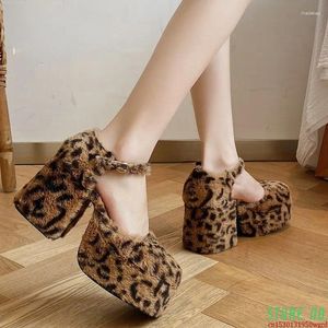 Dress Shoes Furry Fur Platform Pumps Womens Round Toe Leopard Mixed Colors Block High Heel Lolita Cosplay Halloween Real Leather 2024