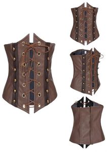 Vintage Brown Faux Leather Lace Up BONED Steampunk Corset e Bustier Top9125651