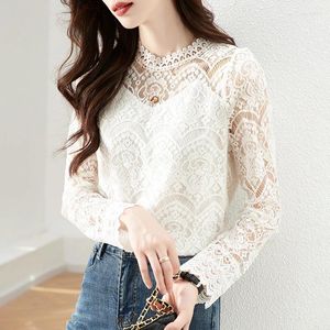 Women's Blouses Lace Mesh Blouse For Women Vintage Spring OL Female Clothing Solid Office Lady Korean Fashion Womens Tops Basic Bottoming