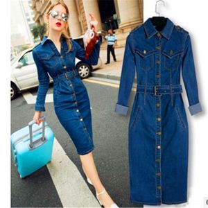 Kvinnor denim bodycon klänning mode blyerts vestido höst cowboy office lady sexig ropa mujer 200l