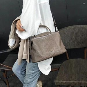 Drawstring 2024 Bag Female Head Cowhide Crocodile Boston Portable Simple Fashion Leather Purses And Handbags