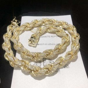 Custom Hiphop 12mm Fried Dough Twists Rope Chain Necklace 925 Sterling Silver Electroplated 14k Gold Jewelry Moissanite