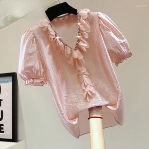 Blouses feminina Blusa de decote em vil de decote em vil de estilo coreano