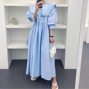 Party Dresses Chic Korean Spring Summer Maxi Dress Half Lantern Sleeve Double Navy Collar Lady Single Breasted Loose Casual Holiday