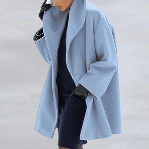 Kadın Yün Karışımları Sonbahar Kış Sıcak Moda Kapşonlu Uzun Harj Ceket Kadınlar Solid Sleeve Coats Tek Düğme Dış Giyim Kadın 234F