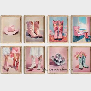 ETRO Funky Coastal Pink Cowboy Boots Hat Hat Art Poster Canvas Pintura Imagens de impressão de parede Imagens usadas para a sala de estar decoração J240505