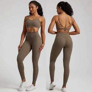 Woman Set Lu Align Yoga Gym Fiess Legging Back Cross Sport Bra Top 2pc Suit Comprehensive Training Jog Womencutout Tie Round Neck Lemon Gym Runni 2024