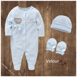 Gloves Baby Boys Rompers Royal Crown Prince Clothing Sets with Cap Gloves Infant Newborn Girl Onepieces Footies Overall Pamas Velour
