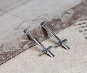 925 Sterling Silver Satan Inverterade Cross Drop Earrings Devil Lucifer Satanism Jycken Högkvalitativ 2103177385581