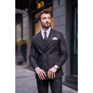 Men's Suits Dark Gray Stripes Mens For Formal Ocassion 2 Pieces Jacket Pants Office Clothing Tuxedo Business Custom Made