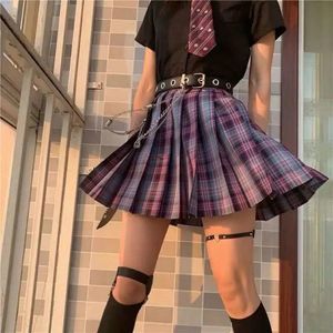 women purple black gothic pleated plaid skirt summer high waist korea harajuku japanese cute sexy mini a-line skirts cosplay 351C