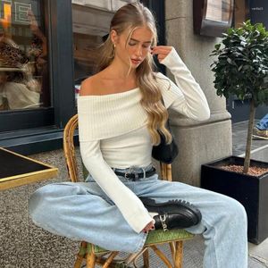 Kadın Sweaters Kadınlar Yürütülmüş Örme Uzun Kollu Mahsul Üstler Zarif Omuz İnce Beyaz Kazak Moda Eğik Boyun Külot Jumper