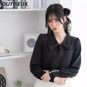 Bluzki damskie Japońskie podmioty dama proste hojne topy czarno-białe kolorowe streamer z długim rękawem szyfonowa koszulka dekoltowa kobiety