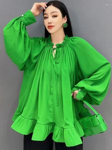 Blusas femininas Qing Mo 2024 Summer Green Women Chiffon Camisa de mangas compridas Bainha com roupas soltas soltas hlx070a