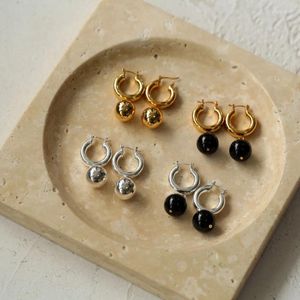 Stud Earrings French Fashion Metal Smooth Ball Dangle For Women Party Wedding With Round Natural Black Agate Crystal