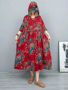 Casual Dresses Women's Summer Chinese Style Retro Bomull och linne huva stor sväng Hög midja Löst nödbiten Kort ärm