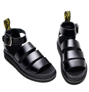 Sandals Clarislall Black Leather Ladies Three Buckle Platform Street Shoes Roman Shoes4491636