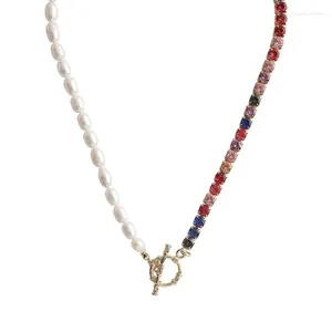 Kedjor Half Pearls Multi-Color Zirconia Necklace Silver and Golden
