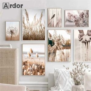 Unset Coral Grass Bird Flower Plant Wall Art Poster Poster Plaży Ręczny odcisk ręczny Nordic Art Malowanie ścienne zdjęcie salonu Dekoracja J240505