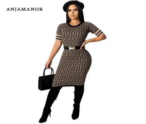 Anjamanor Fall Winter 2020 Letter Print Knited Sweter Sukienka Seksowna elegancka krótkie rękawe sukienki midi bodycon