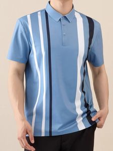 Mens Color Block Stripe Golf Shirt Trendy Casual Breattable Lapel Half Button Stretch Short Sleeve Polo Shirt Summer Outdoor 240428