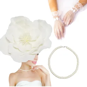 Kopfbedeckungen 4pcs große Blumen -Faszinatoren für Frauen Tea Party Fantastische Hüte und Handschuhe Halskette Set Girls Hochzeitszubehör