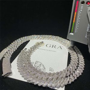 GRA -certifikat Moissanite Diamond 10mm 12mm bredd Solid Silver Cuban Link Chain för Hip Hop -halsband