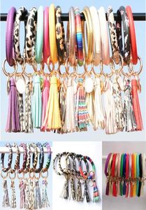 Women Tassel Party Bracelets PU Leather Wrap Key Ring Leopard Lily Print Keychain Keyring Wristband Circle Bangle Chain Wristlet2792973