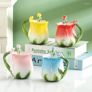 Mugs 3D Rose Flower Coffee Mug Ceramic Cups Household Breakfast Milk Cup With Spoon Summer Winter Drinkware Birthday Gifts