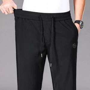 Mens Trousers Business Casual Work Pants Breathable Comfortable Elastic Drawstring Jogging Straight Leg Ice Silk 240428