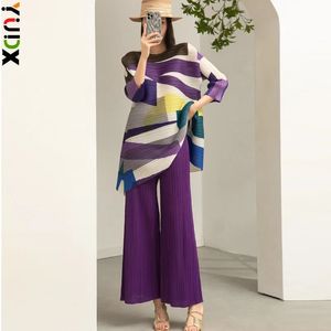 Miyake Pleated Pants Set Fashion Women Two-piece Printed Mid-length Top Wide-legged Pants 2-piece Set Fall and Winter 240429