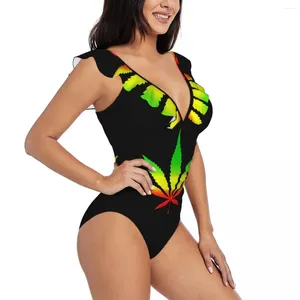 Mulheres femininas folhas coloridas Rasta One Piece Sexy Ruffle Swimsuit Summer Summer Wear Slimming Bathing Suiting