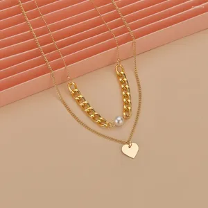 Pendant Necklaces Double Layer Women's Pearl Necklace Iron Slice Peach Heart Gold Color Beads Chain Choker For Women Fashion Jew