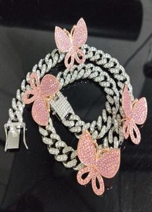 12mm Iced Out Diamond Women Mens Necklace Jewelry Cuban Link Chains Gold Silver Pink Butterfly Hip Hop Halsband7312994