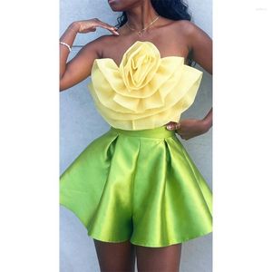 Casual Dresses Fashion Two Pieces Unique Women's Dress Flower Top Green Satin Shorts Girl Sexy Party Gowns Custom Made