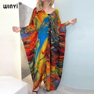 Повседневные платья Winyi Printed Caftan для женщин Crumple Design Loose Dress Batwing Maxi Long Femme vestidos Летняя осенняя вечеринка Элегантная