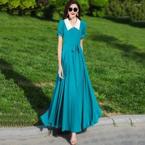 Party Dresses Women Summer Chiffon Dress Fashion Patchwork Turn-down Collar Short Sleeve Overlength Elegant Flowing Slim Long