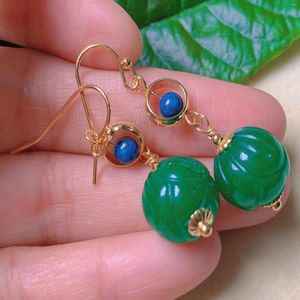 Orecchini penzolanti Fashion Green Round Hetian Jade Lapis Lazuli Perle Diamond Gold Childre