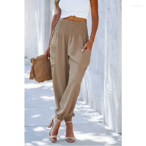 Women's Pants Solid Color Small Foot Elastic High Waist Wide Leg Fashion Casual Nine-point