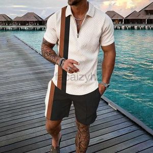 Herrspårar Streetwear Men's Fashion Casual Set 3D Printed dragkedja kortärmad poloskjorta 2-stycken Set Fashion Plus Size Set