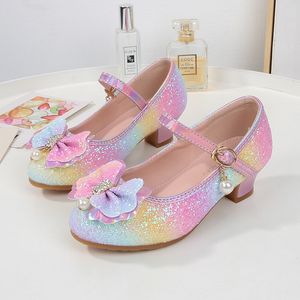 New four seasons girls high heels children's leather shoes Children princess single shoes sequined student dance performance gift shoes