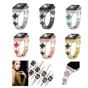 Fashion Lady Diamond 4 Bracelete de pulseira Folha relógio de pulseira Cadeia de faixa ajustável Banda WatchBand para Apple Watch 3 4 5 6 7 8 9 Iwatch 40/41mm 44/45mm Ultra