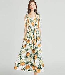 파인애플 과일 프린팅 드레스 스파게티 스트랩 맥시 드레스 2021 여름 패션 여성 슬리밍 멍청이 홀리데스 러닝 4809864