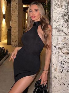 Casual Dresses Halter Sexy Backless Bodycon Evening Party Club Birthday Y2K Split Dress For Women Summer Sleeveless Maxi Long Outfits