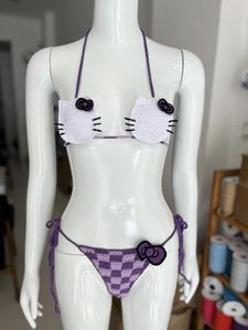 Women's Swimwear Purple Handmade Crochet Bathing Suit Checker Bottom String Bikini Set With Bowknot Beachwear Sexy Fashion Swimsuit