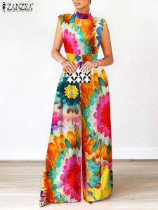 Basic Casual Dresses ZAMZEA Elegant Turtleneck Slveless Long Romper Fashion Women Floral Print Jumpsuit Summer Party Wide Leg Cinched Waist Overall T240505