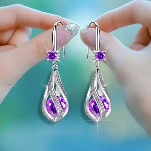 Dangle żyrandol Fine 925 Sterling Srebrny Lśniące Purple Kryształowe Kolczyki dla kobiet luksusowe biżuterię modną imprezę ślubną świąteczne prezenty H240504