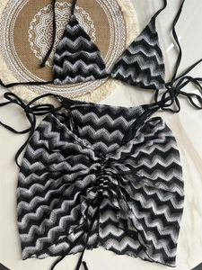 Women's Swimwear Women Swimsuit Color Wave Knitted Bikini Skirt Three-Piece Set Split