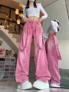 Kvinnors jeans adagirl rosa y2k overaller denim byxor kvinnor hip hop mode baggy kpop låg midja bred ben slouchy harajuku kausal byxor